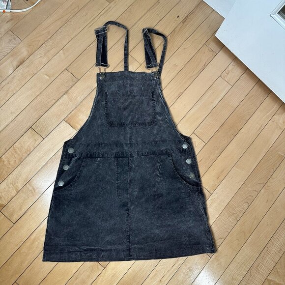 DON'T ASK WHY Charcoal Corduroy Overalls Mini Dress Skirt One Size - Picture 2 of 7